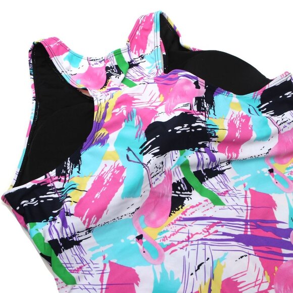 Flamingo Swim Top & Shorts 2pc Neon 90s Bathing Suit Stretch Pink Blue Black - Picture 11 of 15